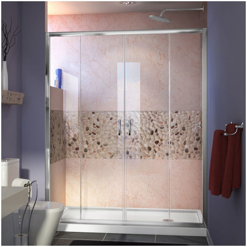 Visions 74-3/4" High x 60" Wide 34" Deep Sliding Framed Shower Door with Clear Glass, SlimeLine Shower Base Kit, and Right Drain - image 1