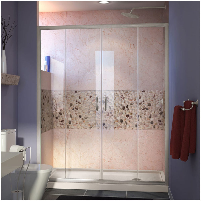 Visions 74-3/4" High x 60" Wide 34" Deep Sliding Framed Shower Door with Clear Glass, SlimeLine Shower Base Kit, and Right Drain - image 1