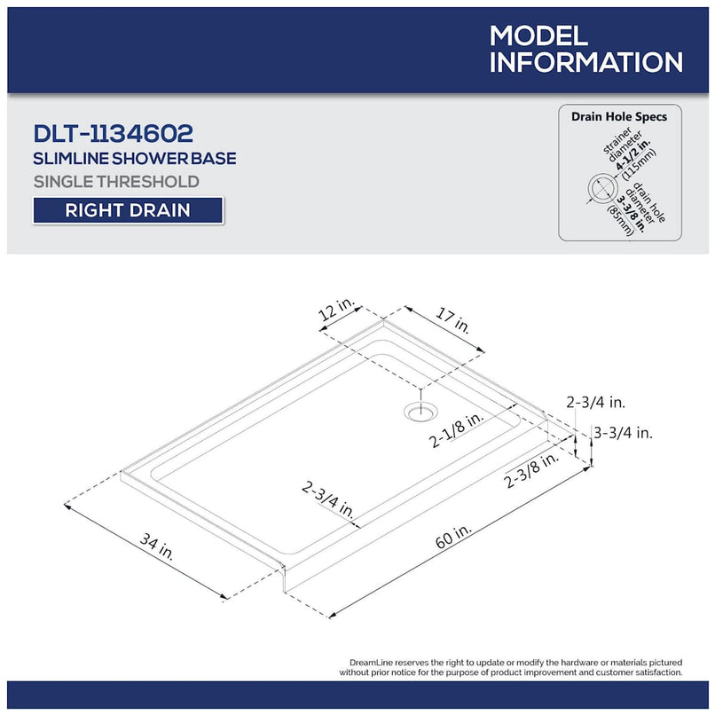 Visions 74-3/4" High x 60" Wide 34" Deep Sliding Framed Shower Door with Clear Glass, SlimeLine Shower Base Kit, and Right Drain - image 7