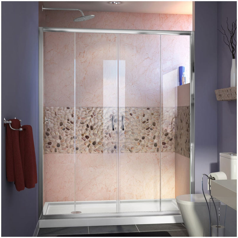 Visions 74-3/4" High x 60" Wide 36" Deep Sliding Framed Shower Door with Clear Glass, SlimeLine Shower Base Kit, and Left Drain - image 1