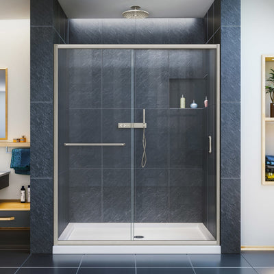 Infinity-Z 74-3/4" High x 60" Wide 30" Deep Sliding Framed Shower Door with Clear Glass, SlimeLine Shower Base Kit, and Center Drain - image 1