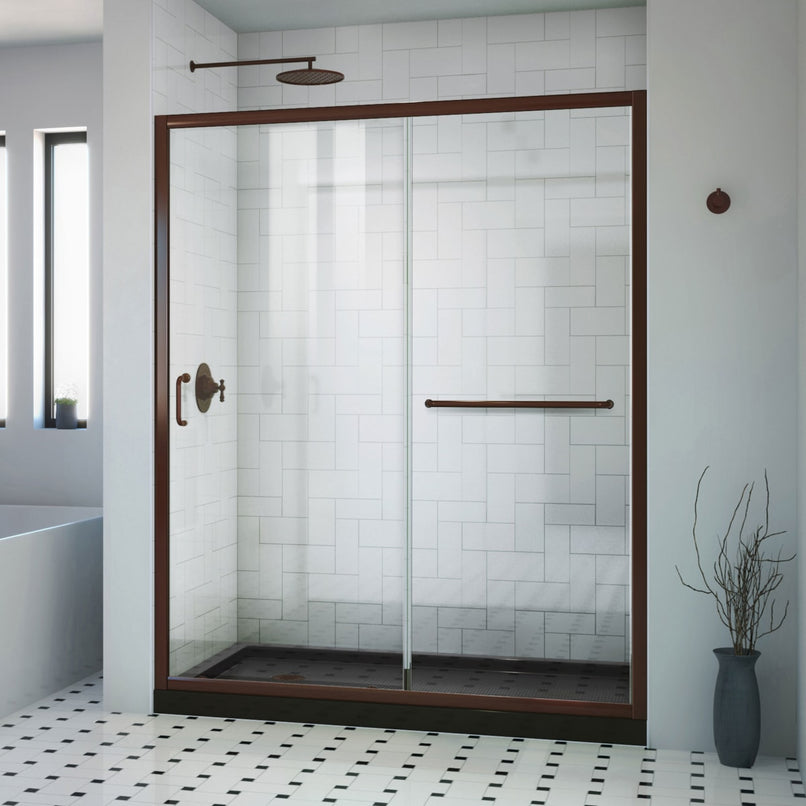 Infinity-Z 30" D x 60" W x 74-3/4" H Clear Sliding Shower Door, Left Drain and Base with Acrylic Kit - image 1