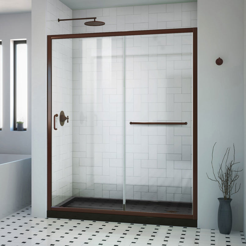 Infinity-Z 30" D x 60" W x 74-3/4" H Clear Sliding Shower Door, Right Drain and Base with Acrylic Kit - image 1