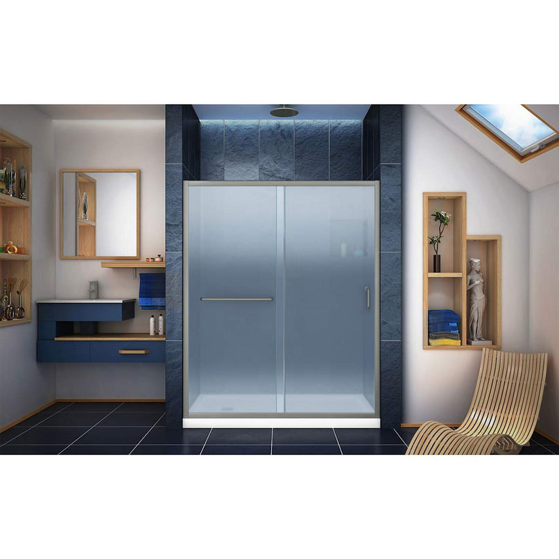 Infinity-Z 74-3/4" High x 60" Wide 30" Deep Sliding Framed Shower Door with Frosted Glass, SlimeLine Shower Base Kit, and Left Drain - image 13