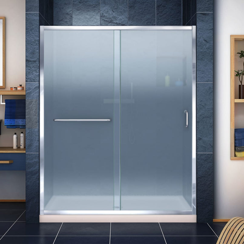 Infinity-Z 74-3/4" High x 60" Wide 32" Deep Sliding Framed Shower Door with Frosted Glass, SlimeLine Shower Base Kit, and Center Drain - image 1