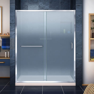 Infinity-Z 74-3/4" High x 60" Wide 32" Deep Sliding Framed Shower Door with Frosted Glass, SlimeLine Shower Base Kit, and Center Drain - image 1