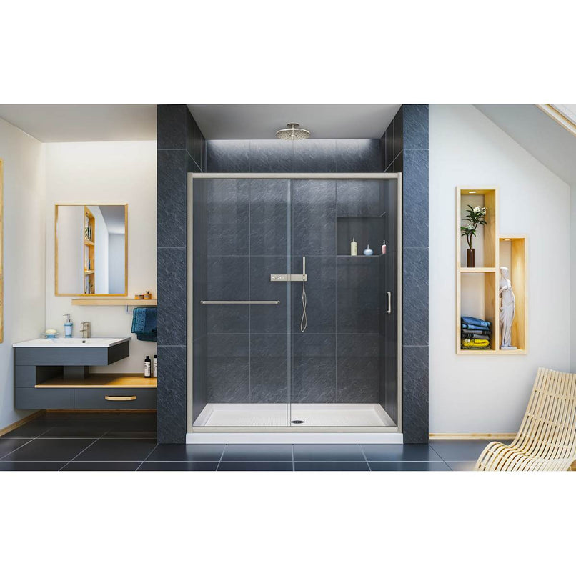 Infinity-Z 74-3/4" High x 60" Wide 32" Deep Sliding Framed Shower Door with Clear Glass, SlimeLine Shower Base Kit, and Center Drain - image 3