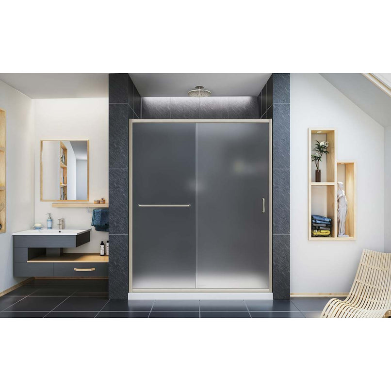 Infinity-Z 74-3/4" High x 60" Wide 32" Deep Sliding Framed Shower Door with Frosted Glass, SlimeLine Shower Base Kit, and Center Drain - image 2