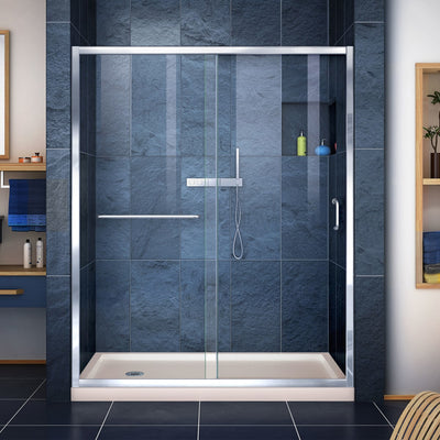 Infinity-Z 74-3/4" High x 60" Wide 32" Deep Sliding Framed Shower Door with Clear Glass, SlimeLine Shower Base Kit, and Left Drain - image 1