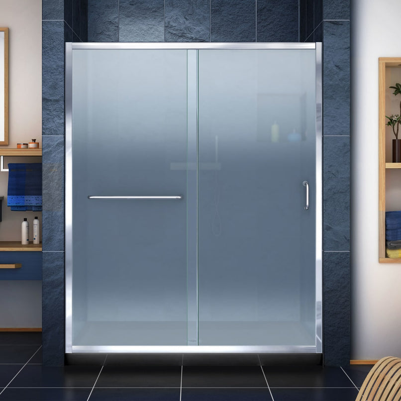 Infinity-Z 74-3/4" High x 60" Wide 34" Deep Sliding Framed Shower Door with Frosted Glass, SlimeLine Shower Base Kit, and Center Drain - image 1