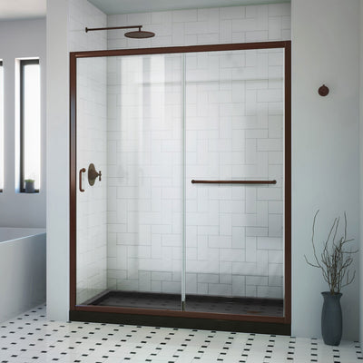 Infinity-Z 34" D x 60" W x 74-3/4" H Clear Sliding Shower Door, Right Drain and Base with Acrylic Kit - image 1