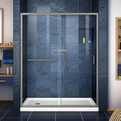 Infinity-Z 74-3/4" High x 60" Wide 34" Deep Sliding Framed Shower Door with Clear Glass, SlimeLine Shower Base Kit, and Left Drain - image 1