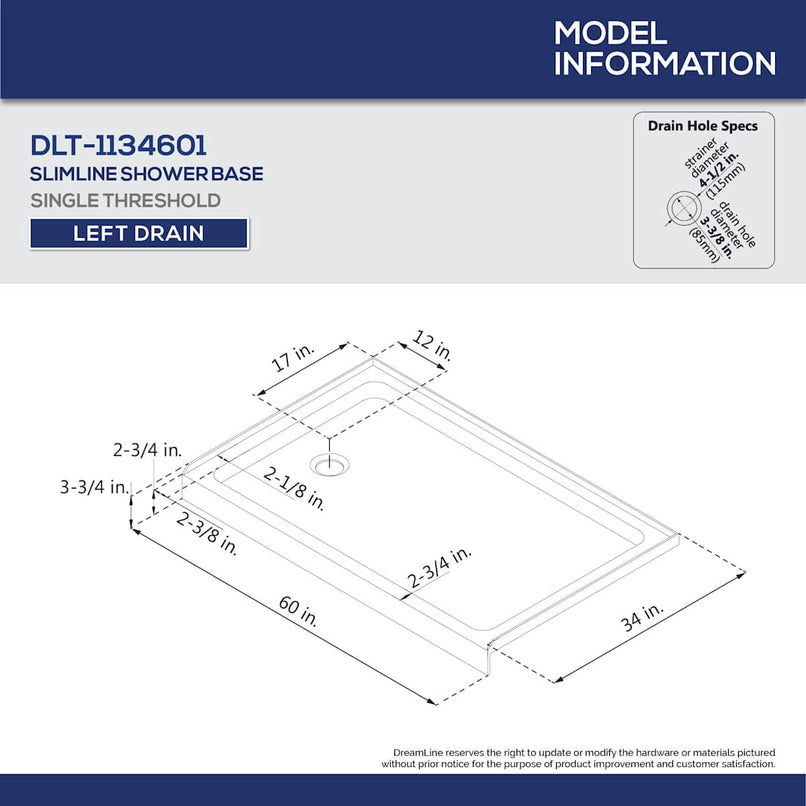 Infinity-Z 74-3/4" High x 60" Wide 34" Deep Sliding Framed Shower Door with Clear Glass, SlimeLine Shower Base Kit, and Left Drain - image 6