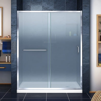 Infinity-Z 74-3/4" High x 60" Wide 34" Deep Sliding Framed Shower Door with Frosted Glass, SlimeLine Shower Base Kit, and Right Drain - image 1