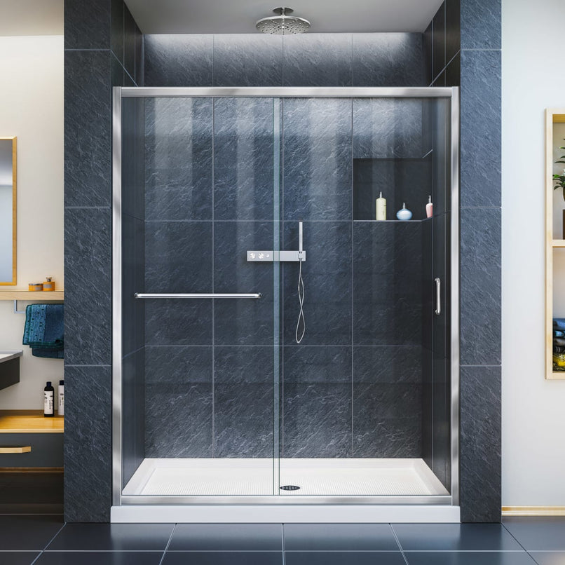 Infinity-Z 74-3/4" High x 54" Wide 32" Deep Sliding Framed Shower Door with Clear Glass, SlimeLine Shower Base Kit, and Center Drain - image 1