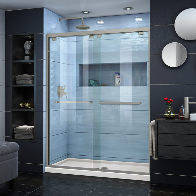 Encore 34" D x 60" W x 78 3/4" H Semi-Frameless Bypass Sliding Shower Door and SlimLine Shower Base Kit - image 1