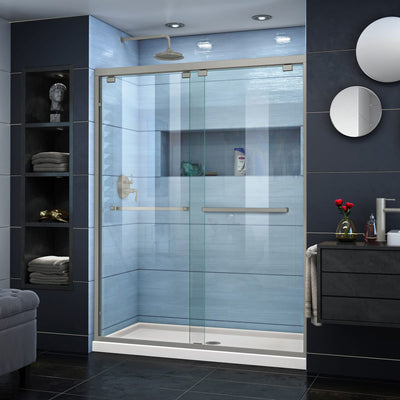 Encore 34" D x 60" W x 78 3/4" H Semi-Frameless Bypass Sliding Shower Door and SlimLine Shower Base Kit - image 1