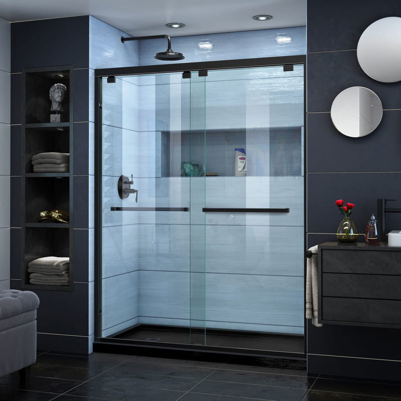 Encore 34" D x 60" W x 78 3/4" H Semi-Frameless Bypass Sliding Shower Door and SlimLine Shower Base Kit - image 1