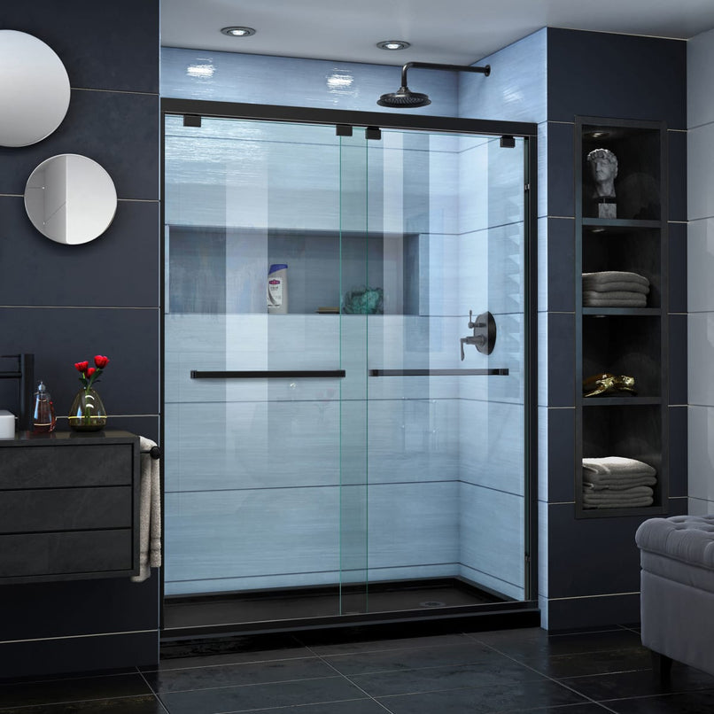 Encore 34" D x 60" W x 78 3/4" H Semi-Frameless Bypass Sliding Shower Door and SlimLine Shower Base Kit - image 1