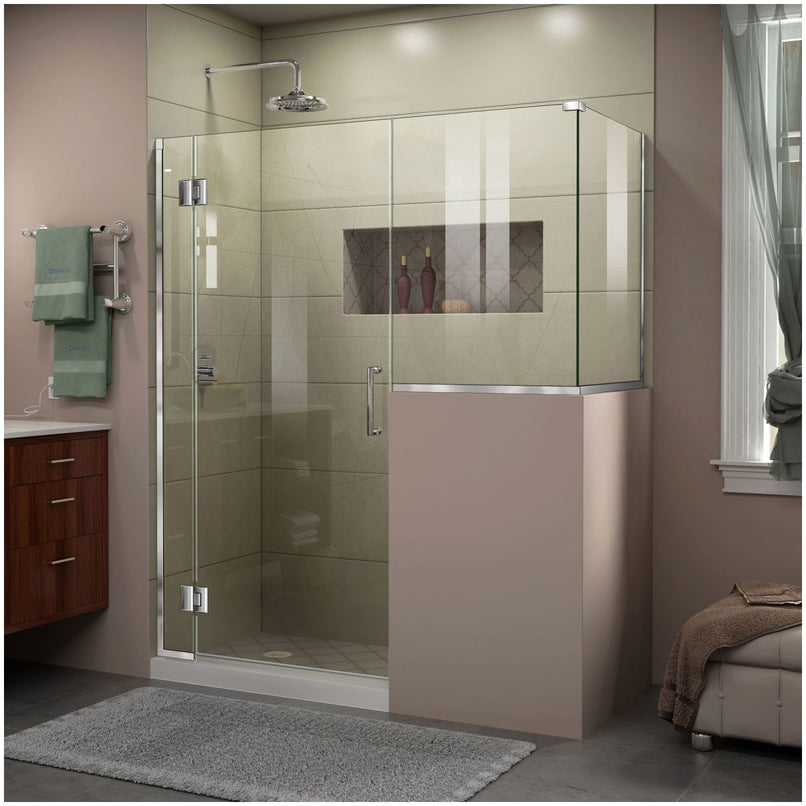 Unidoor-X 72" High x 58" Wide x 30-3/8" Deep Hinged Frameless Shower Enclosure with Clear Glass and 34" x 30" Buttress Panel - image 1