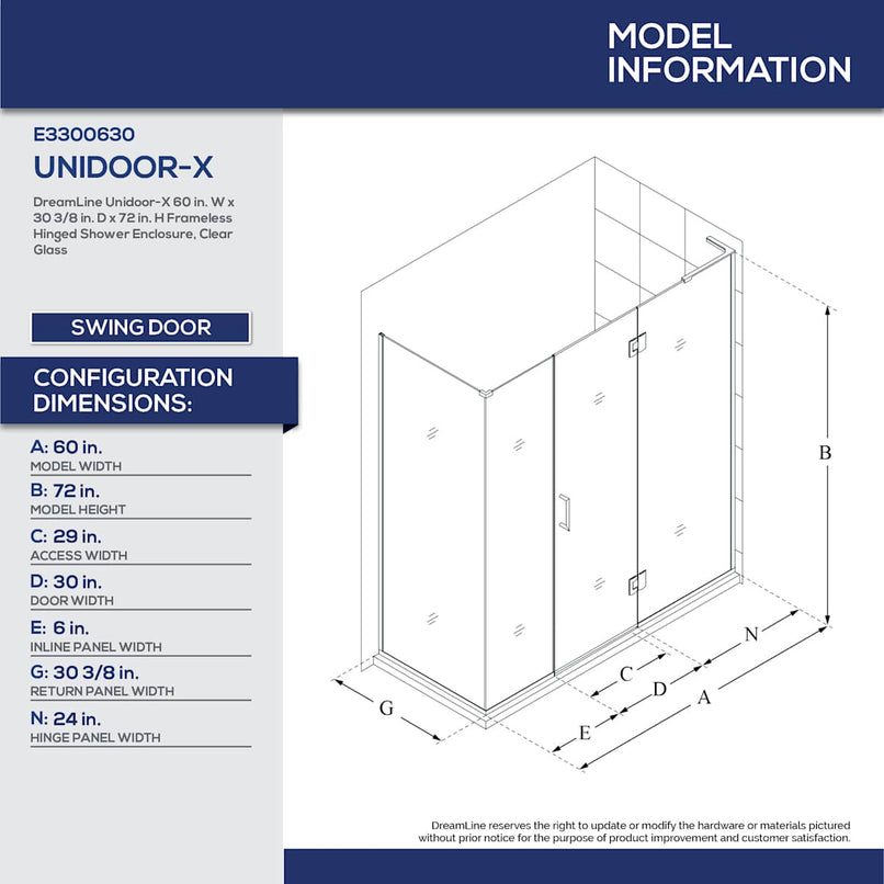 Unidoor-X 72" High x 60" Wide x 30-3/8" Deep Right Hinged Frameless Shower Enclosure with Clear Glass - image 22