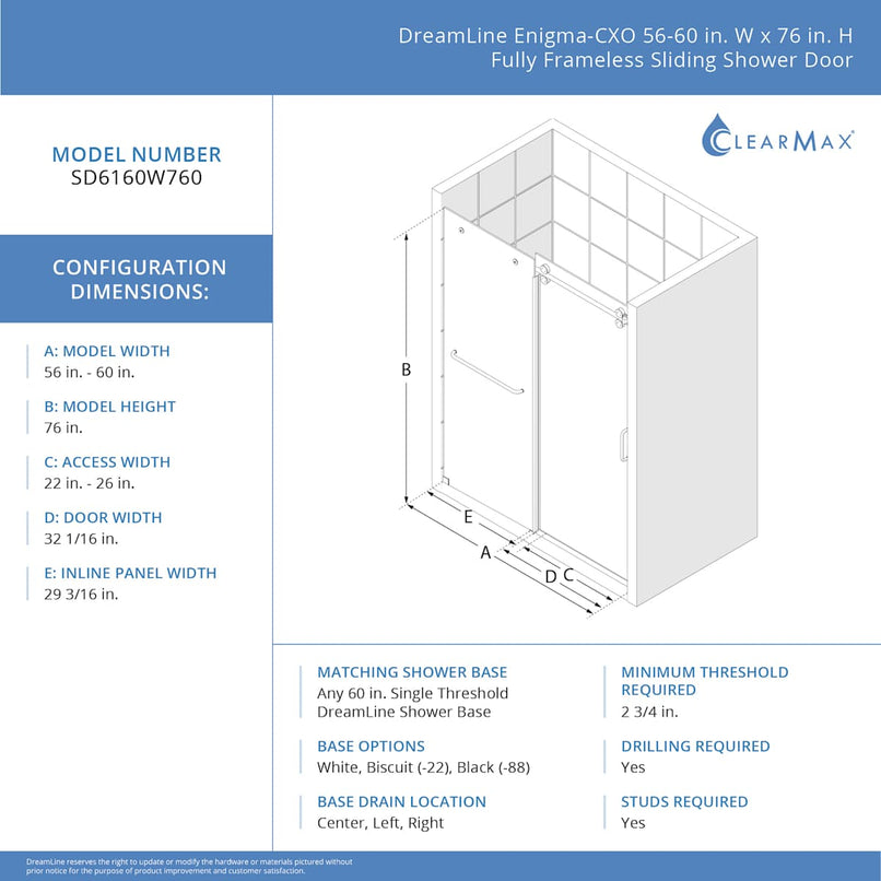 Enigma-CXO 76" High x 56, 57, 58, 59, 60" Wide Sliding Frameless Shower Door with Clear Glass - image 2