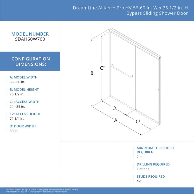 Alliance Pro HV 76-1/2" High x 60" Wide Sliding Semi Frameless Shower Door with Clear Glass - image 12