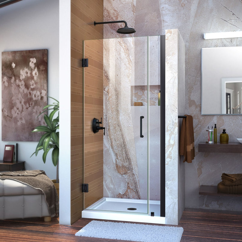 Unidoor 72" High x 33" Wide Hinged Frameless Shower Door with Clear Glass - image 1