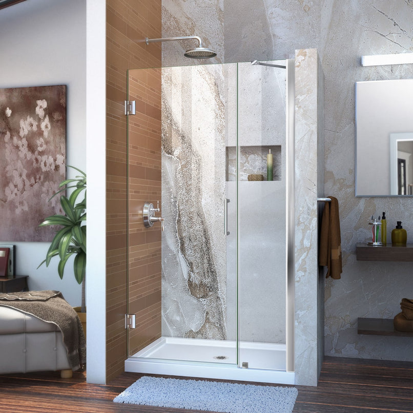 Unidoor 72" High x 39" Wide Hinged Frameless Shower Door with Clear Glass - Includes Stabilizing Arm - image 1