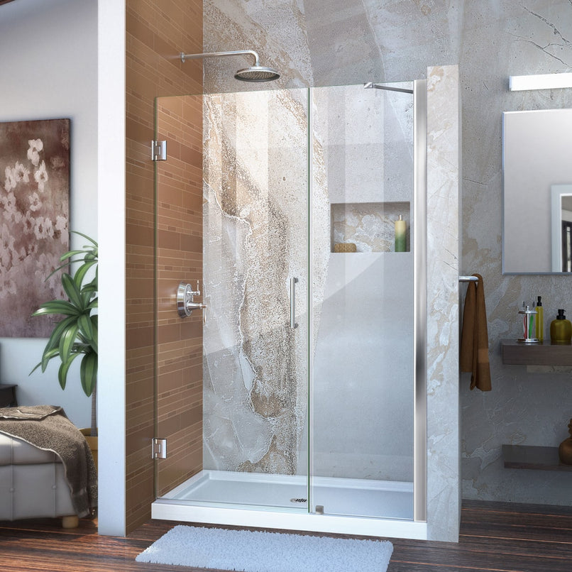 Unidoor 72" High x 45" Wide Hinged Frameless Shower Door with Clear Glass - Includes Stabilizing Arm - image 1