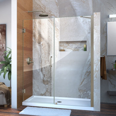 Unidoor 72" High x 57" Wide Hinged Frameless Shower Door with Clear Glass - Includes Stabilizing Arm - image 1
