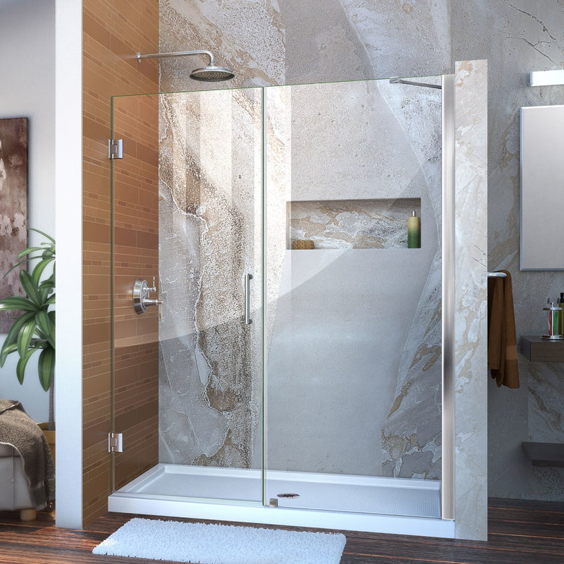 Unidoor 72" High x 61" Wide Hinged Frameless Shower Door with Clear Glass - Includes Stabilizing Arm - image 1