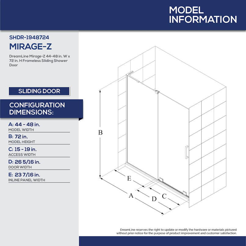 Mirage-Z 72" High x 44, 45, 46, 47, 48" Wide Sliding Semi Frameless Shower Door with Tinted Glass - image 7