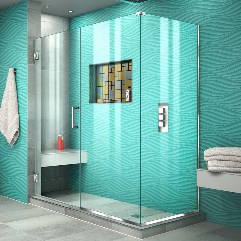Unidoor Plus 72" High x 58" Wide x 30-3/8" Deep Hinged Frameless Shower Enclosure with Clear Glass - image 1