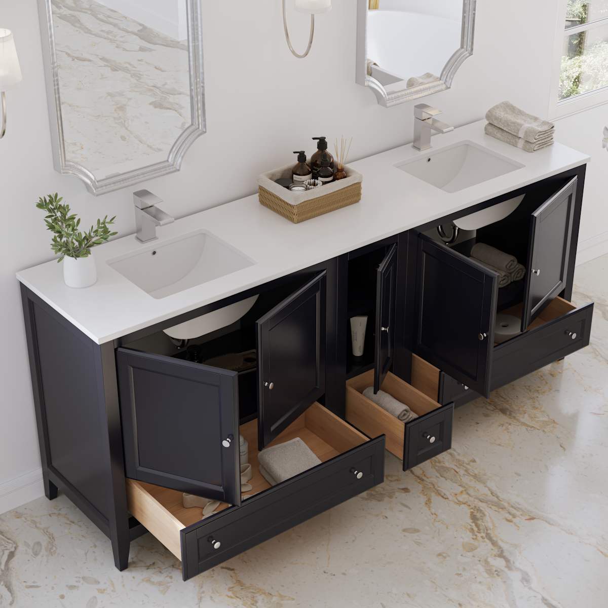 Oxford 84" Free Standing Double Basin Vanity Set with Cabinet and Quartz Vanity Top