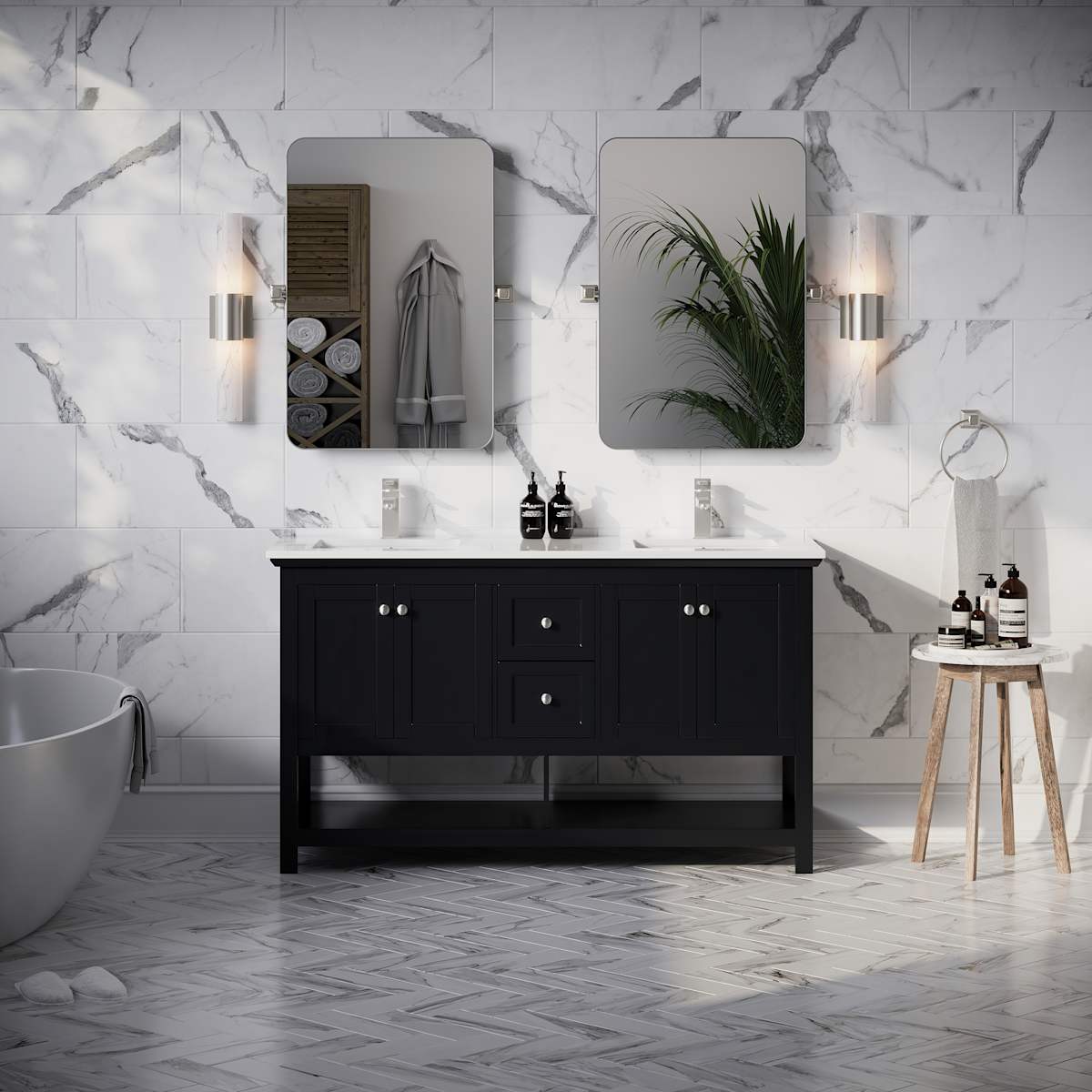 Manchester 60" Free Standing Double Basin Vanity Set with Cabinet and Quartz Vanity Top