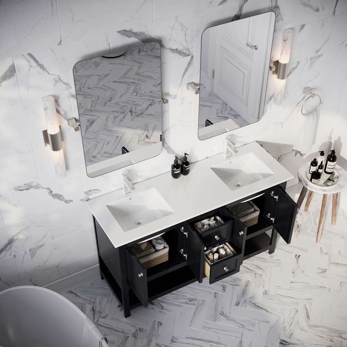 Manchester 60" Free Standing Double Basin Vanity Set with Cabinet and Quartz Vanity Top