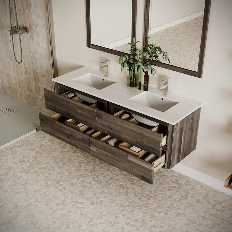 Formosa 60" Wall Mounted Double Basin Vanity Set with Cabinet and Quartz Vanity Top - image 3