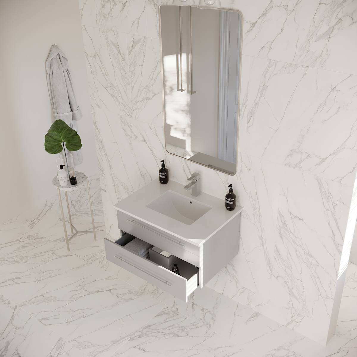 Lucera 30" Wall Mounted Single Basin Vanity Set with Cabinet and Quartz Vanity Top