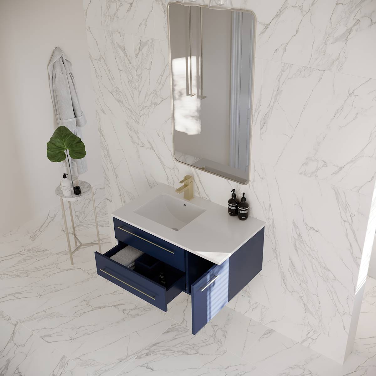 Lucera 36" Wall Mounted Single Basin Vanity Set with Cabinet, Quartz Vanity Top, and Left Offset Rectangular Sink - image 15