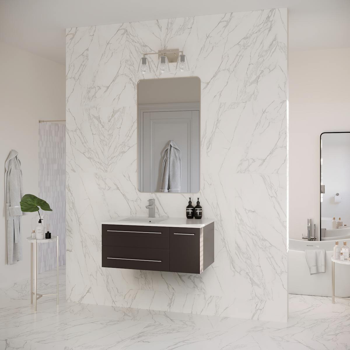 Lucera 36" Wall Mounted Single Basin Vanity Set with Cabinet, Quartz Vanity Top, and Left Offset Rectangular Sink