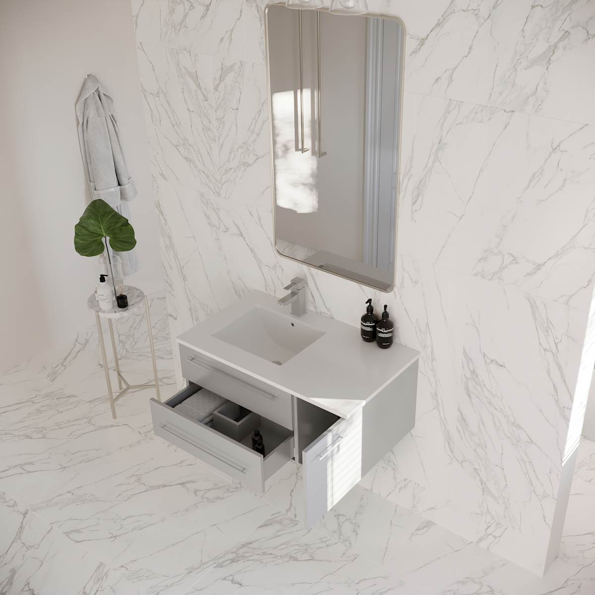 Lucera 36" Wall Mounted Single Basin Vanity Set with Cabinet, Quartz Vanity Top, and Left Offset Rectangular Sink - image 9