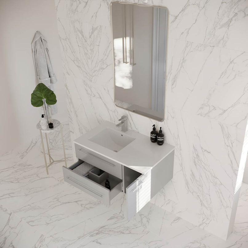 Lucera 36" Wall Mounted Single Basin Vanity Set with Cabinet, Quartz Vanity Top, and Left Offset Rectangular Sink - image 9