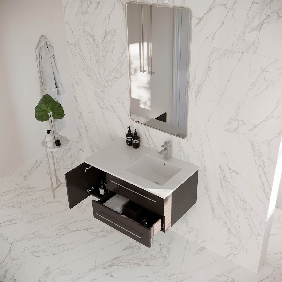 Lucera 36" Wall Mounted Single Basin Vanity Set with Cabinet, Quartz Vanity Top, and Right Offset Rectangular Sink
