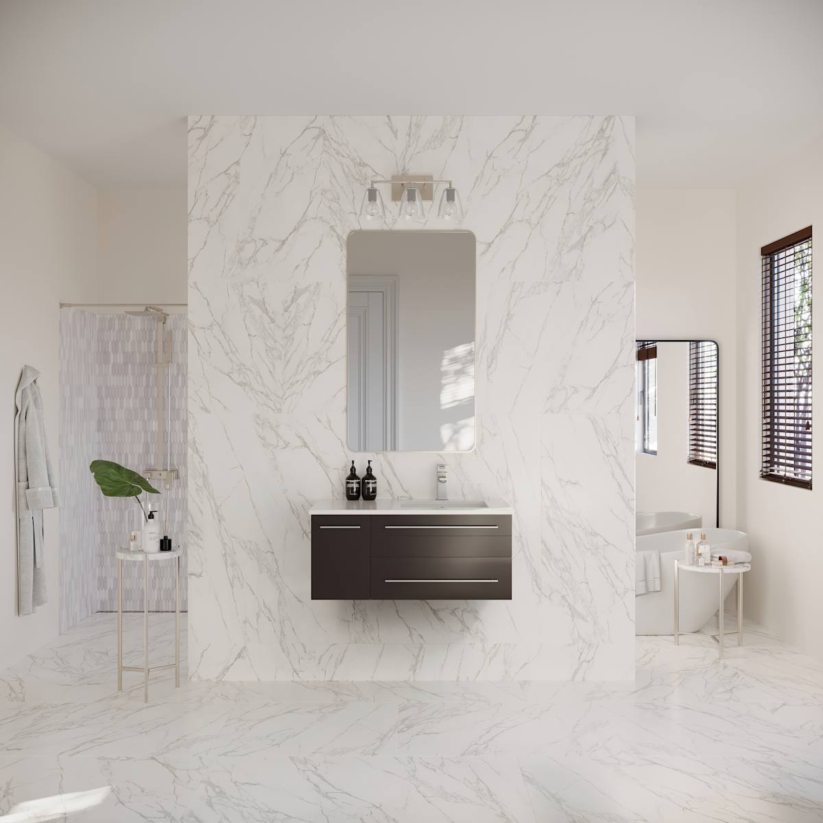 Lucera 36" Wall Mounted Single Basin Vanity Set with Cabinet, Quartz Vanity Top, and Right Offset Rectangular Sink