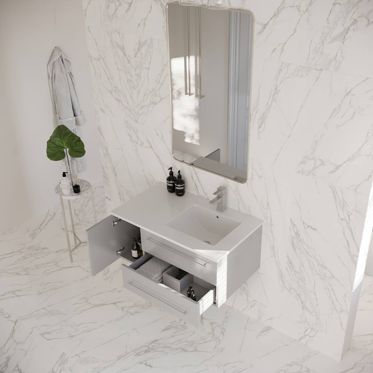 Lucera 36" Wall Mounted Single Basin Vanity Set with Cabinet, Quartz Vanity Top, and Right Offset Rectangular Sink