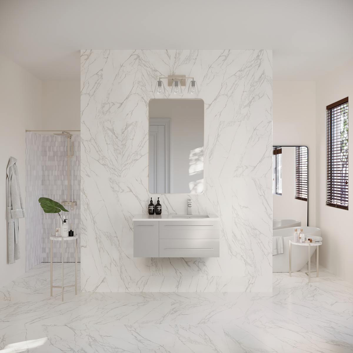 Lucera 36" Wall Mounted Single Basin Vanity Set with Cabinet, Quartz Vanity Top, and Right Offset Rectangular Sink