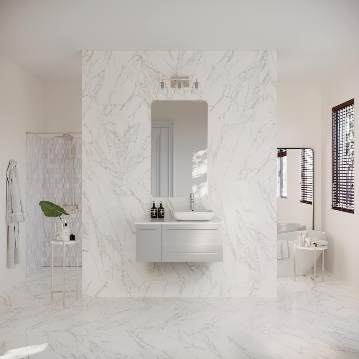 Lucera 36" Wall Mounted Single Basin Vanity Set with Cabinet, Quartz Vanity Top, and Right Offset Rectangular Vessel Sink