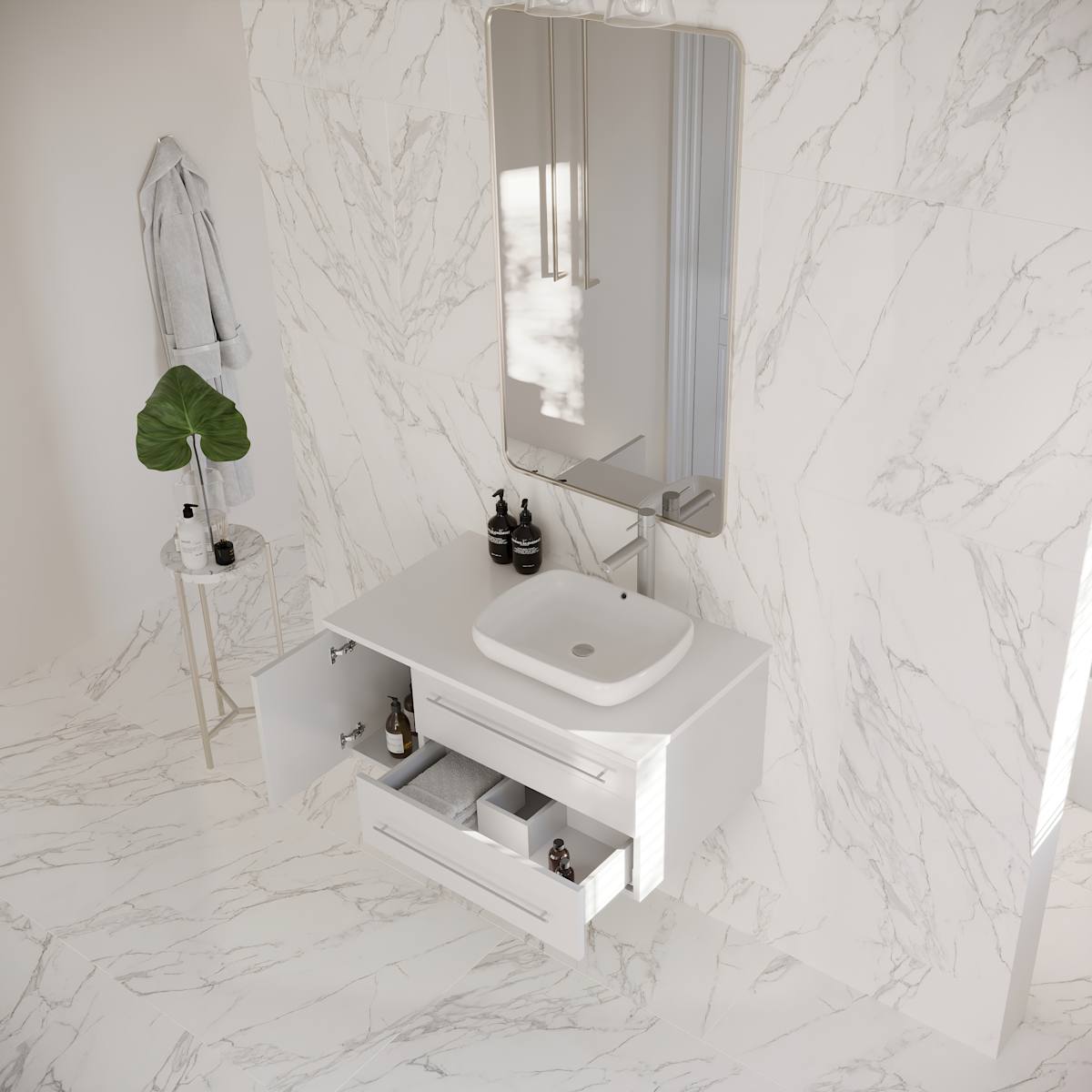 Lucera 36" Wall Mounted Single Basin Vanity Set with Cabinet, Quartz Vanity Top, and Right Offset Rectangular Vessel Sink