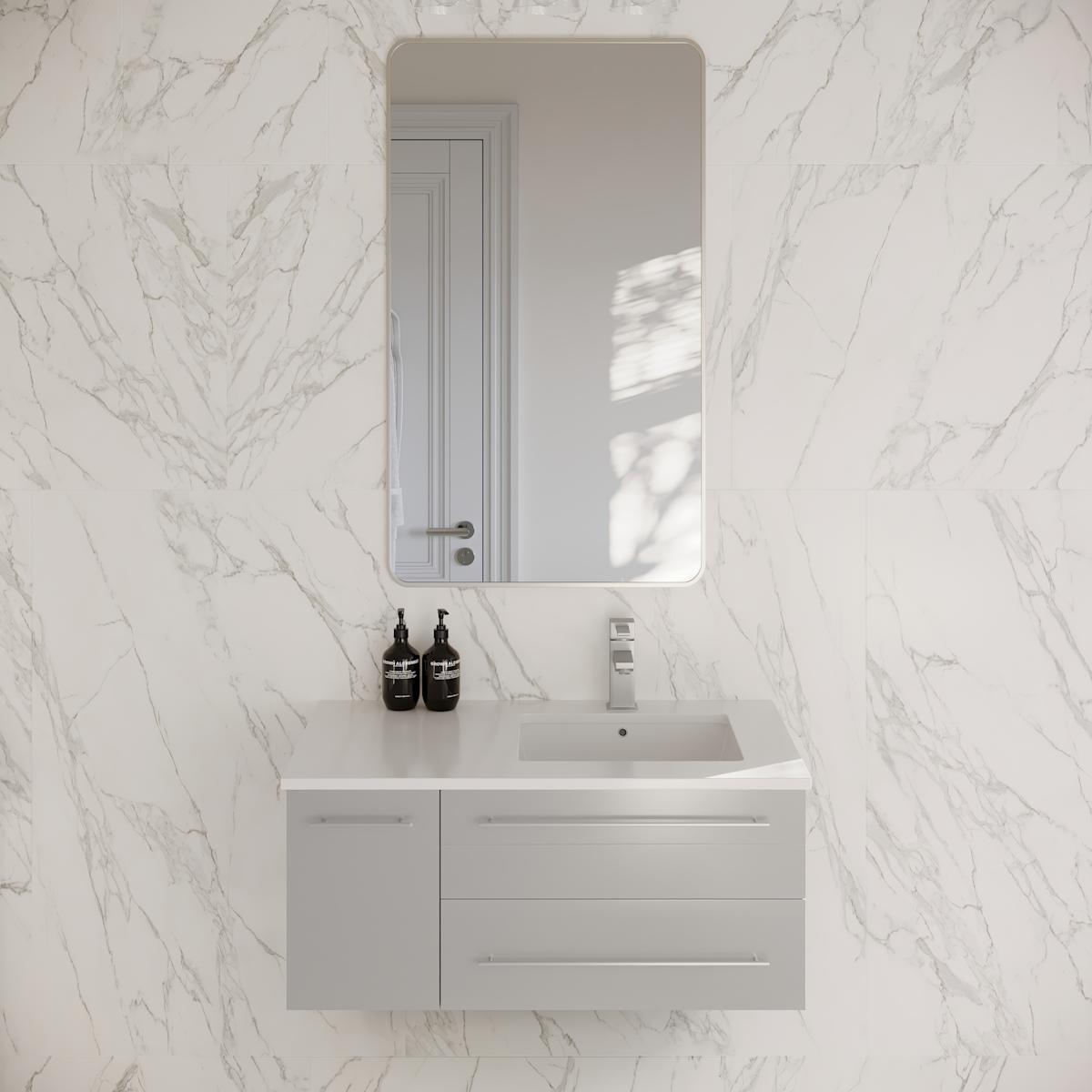 Lucera 36" Wall Mounted Single Basin Vanity Set with Cabinet, Quartz Vanity Top, and Right Offset Rectangular Sink